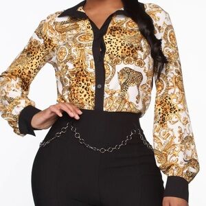 Golden Jaguar Leopard Print Button-Down Collared Blouse Office Business Causal